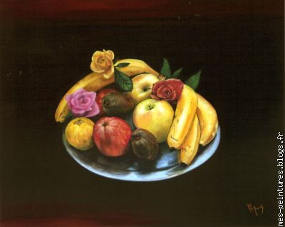 Nature morte (fruits et roses). Prix: 480,00  (55X46cm)